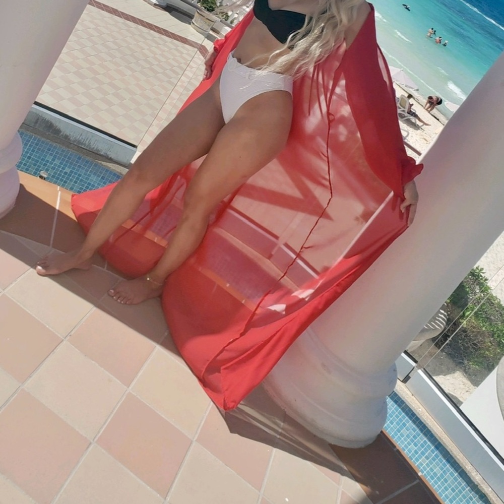 Red Sheer Long Beach Cover-Up Robe